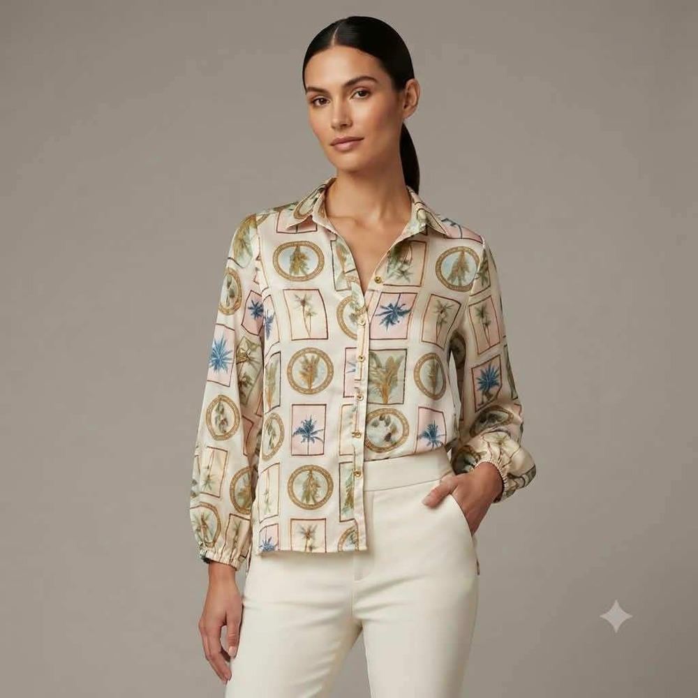 Alex & Parker Button Down Women L Cream Tropical Palm Tree Satin Blouse Gold